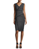 Angela Sleeveless Sheath Dress W/Contrast Seams, Black