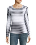 Nautical Stripe Boat-Neck Long-Sleeve Top, Navy/White