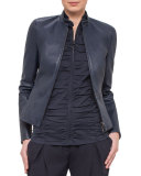 Fitted Stretch-Leather Jacket, Navy