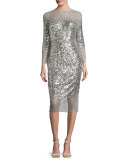 Sequined 3/4-Sleeve Illusion Midi Dress, Silver