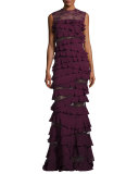 Ruffled Lace Sleeveless Mermaid Gown, Cherry