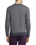 Sueded-Trim Crewneck Sweater, Charcoal