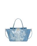 Rockstud Medium Butterfly Washed Denim Tote Bag, Light Denim