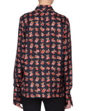 Long-Sleeve Fruit-Print Blouse, Navy/Multi