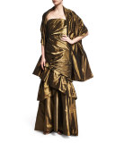 Strapless Ruched Evening Gown W/Shawl, Burnished Gold