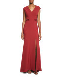 Beaded-Back Cap-Sleeve Gown, Ruby