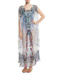 Sheer Round-Neck Maxi Caftan Coverup, Maasai Mosh