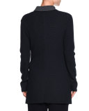 Long Perforated Snap-Front Jacket, Navy/Gray