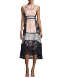 Sleeveless Colorblock Lace Midi Dress, Pink/Blue