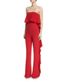 Strapless Ruffled Crepe Jumpsuit, Lipstick