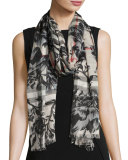 Check & Floral Gauze Scarf, Blue-Gray