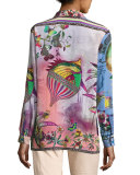 Postcard-Print Long-Sleeve Tunic, Blue