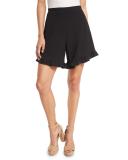 Stretch Crepe High-Rise Ruffle Shorts, Black