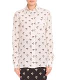 Floral-Print Silk Blouse, White/Black/Orange