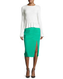 Suede Side-Slit Pencil Skirt, Blue