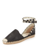 Rockstud Leather Ankle-Wrap Espadrille Flat, Black/Ivory