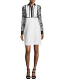 Long-Sleeve Collared Cocktail Dress, Ivory/Black