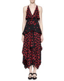 Sleeveless Tiered Handkerchief-Hem Mazi Dress, Black/Crimson