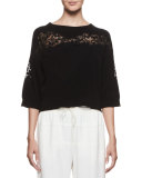 Cherry-Lace 3/4-Sleeve Sweater, Black