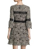 3/4-Sleeve Embroidered Floral Mini Dress, Cream/Black