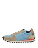 Men's Suede & Technical Satin Trainers with Check Trim, Light Taupe/Brown/Powder Blue 