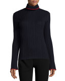 Tipped Ribbed Wool Turtleneck Sweater, Navy/Red