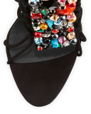 Jeweled Suede T-Strap Sandal/Bootie, Black/Multi