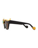 Empress Embellished Square Sunglasses w/ Crystal Center, Black/Emerald