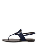 Round-Buckle Flat Leather Thong Sandal, Navy