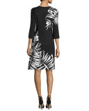 Leaf Matelassé 3/4-Sleeve A-Line Dress, Black/Multi