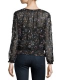 Grazia Floral-Print Silk Blouson Top, Caviar