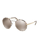 Trimmed Mirrored Round Sunglasses, Gold/Tortoise