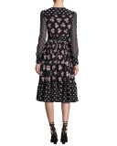 long-sleeve floral silk midi dress, black