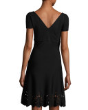 Short-Sleeve Scalloped Eyelet-Trim Dress, Black