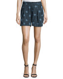 Dot-Print Pleated Shorts, Navy/Multi