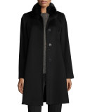 Fox-Trim Wool Button-Front Coat, Black