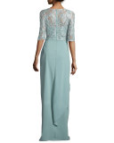 3/4-Sleeve Lace-Top Column Gown 