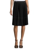 Belted Pleated A-Line Skirt, Black