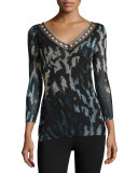 Embroidered V-Neck Abstract-Print Tulle Top, Black/Blue