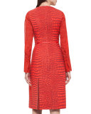 Mixed-Print Long-Sleeve Dress, Red