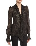 Cage-Print Tie-Neck Silk Blouse, Black/Gold