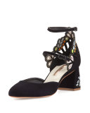 Liliana Embroidered Suede Block-Heel Pump, Black
