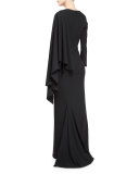 Long-Sleeve Draped Column Gown, Black