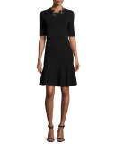 Half-Sleeve Round-Neck Ribbed Top, Black