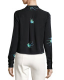 Cropped Bird-Print Silk Jersey V-Neck Shirt, Black