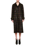 Notch-Collar Embellished Plaid Trench Coat, Black/Ancient Gold