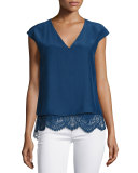 Marilena Cap-Sleeve Lace-Hem Top, Stealth