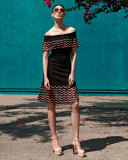 Wave-Lace Off-the-Shoulder Dress, Black