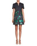 Short-Sleeve Floral Denim Dress, Blue/Green