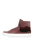 125mm Leather High-Top Sneaker with Feathers, Burgundy